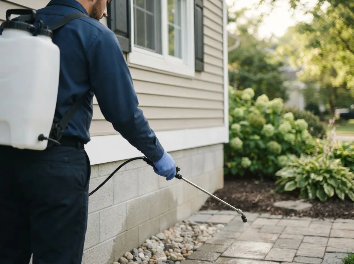 Pest control technician inspecting a home in Ohio City, CO